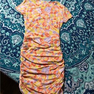 No Boundaries Orange and Pink Ruched Bodycon Midi Dress